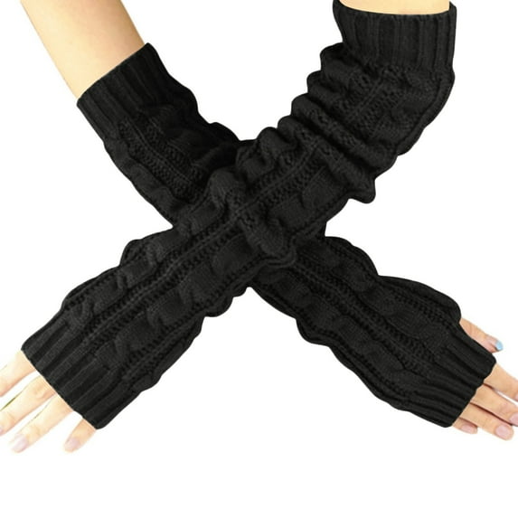HNMKIU Long Knitted Fingerless Braided Wrist Warmers Textured Hand Mittens for Cold Weather Arm Black,One Size