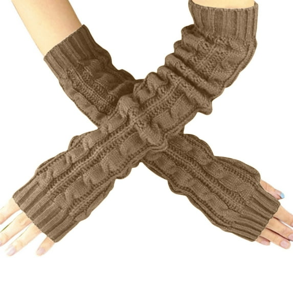 HNMKIU Long Knitted Fingerless Braided Wrist Warmers Textured Hand Mittens for Cold Weather Arm Khaki,One Size