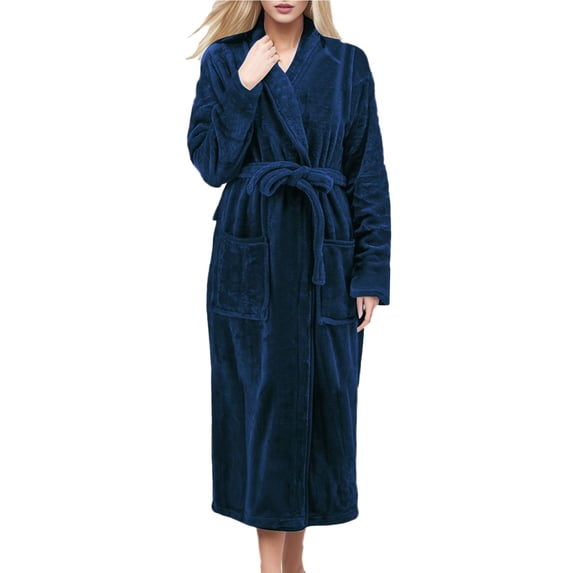 HNMKIU Long Robe for Women Coral Thickened Bathrobe Flannel Winter Warm Sleeping Gown for Home and Spa 01_Navy,XXL