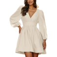 thumbnail image 1 of HNMKIU Long Sleeve Dress for Women Casual V Neck Flounce Short With Layering Options Elegant Spring Fall Outfit Midi Dress Beige,L, 1 of 5