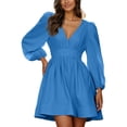 thumbnail image 1 of HNMKIU Long Sleeve Dress for Women Casual V Neck Flounce Short With Layering Options Elegant Spring Fall Outfit Midi Dress Blue,M, 1 of 5