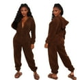 thumbnail image 1 of HNMKIU Long Sleeve Jumpsuit for Women Cozy Hooded Fuzzy Romper with Long Pants for Autumn Winter Loungewear and Pajamas Coffee,M, 1 of 4