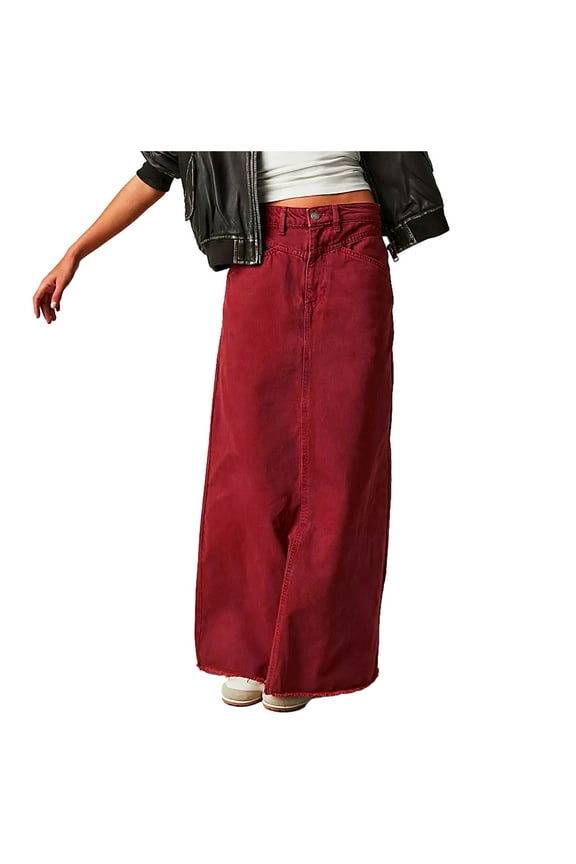 Women's Denim Maxi Skirt High Waist A Line Long Straight Cut Casual Long denim Skirt Red,M