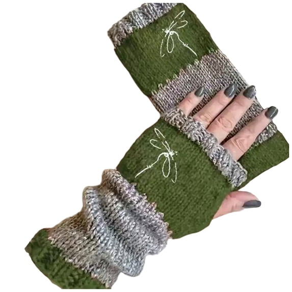 HNMKIU Lux Winter Half Toe Fashion Knit Gloves With Embroidered Warm Legislative Design For Cozy Outdoor Use Army Green,One Size