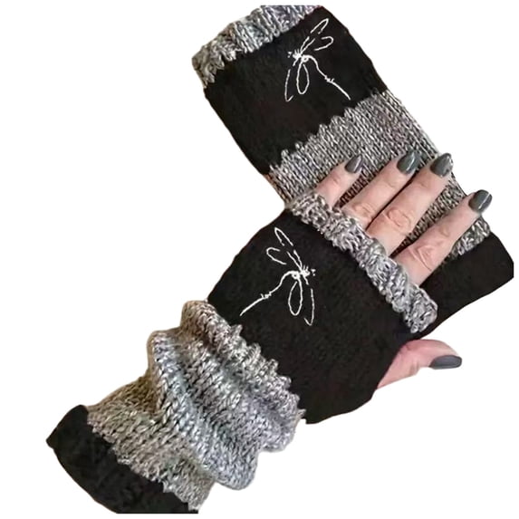 HNMKIU Lux Winter Half Toe Fashion Knit Gloves With Embroidered Warm Legislative Design For Cozy Outdoor Use Black,One Size