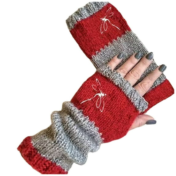 HNMKIU Lux Winter Half Toe Fashion Knit Gloves With Embroidered Warm Legislative Design For Cozy Outdoor Use Red,One Size