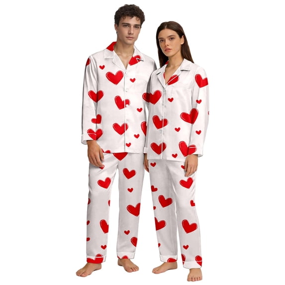 HNMKIU Matching Couples Pajamas Valentine's Day Heart Print V-Neck Long Sleeve Pants Button Closure Cozy Sleepwear 03_White,S