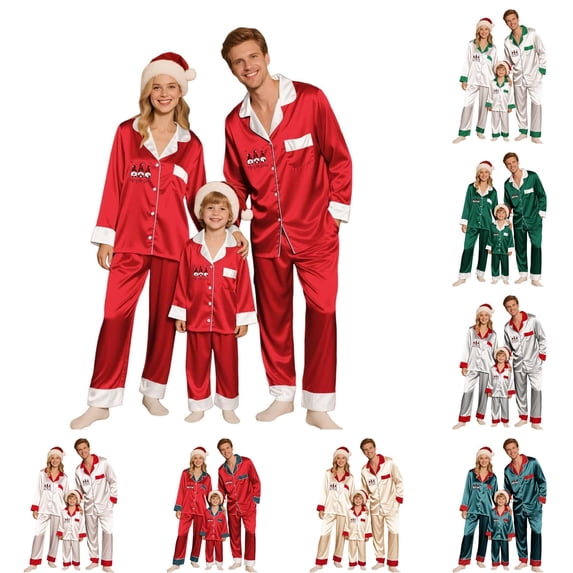 HNMKIU Matching Family Pajamas Long Sleeve Daughter Silk Like Sleepwear For Parents Kids Holiday Loungewear Festive Outfit Cozy Christmas Comfortable Toddler Women Men