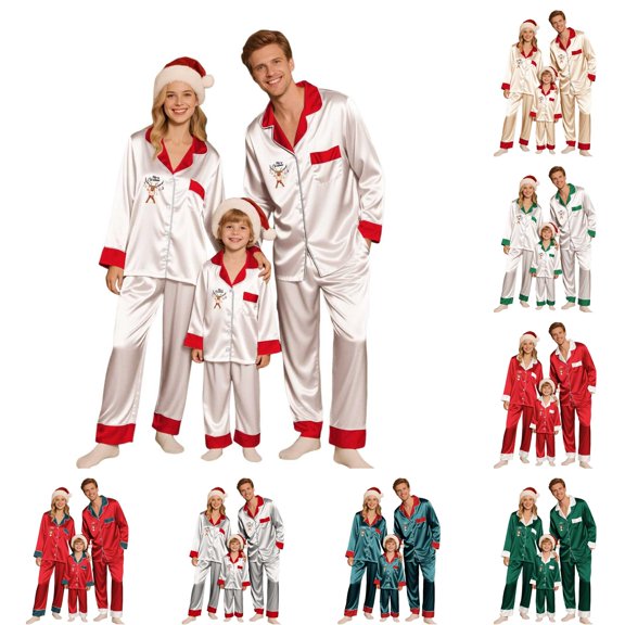 HNMKIU Matching Family Pajamas Long Sleeve Daughter Silk Like Sleepwear Parents Kids Holiday Loungewear Festive Outfit Cozy Christmas Set