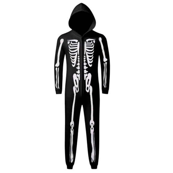 HNMKIU Men Halloween Skeleton Onesie Family Matching Outfit Full Zip Hooded Long Sleeve Jumpsuit, Adult Soft Cozy Skeleton Print One Piece Pajama Costume for Trick or Treat Party