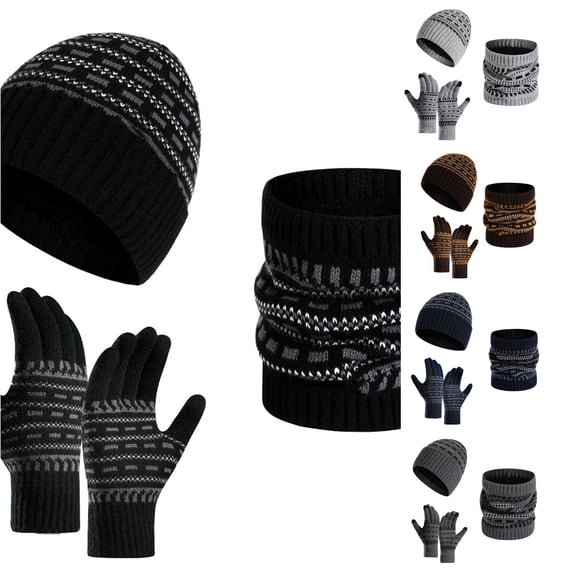 HNMKIU Men's Women's Winter Knitted Scarf And 3 Piece Set Warm Woolen Thick Outdoor Thermal Hat Neck Protector For Cold Weather Black - One Size
