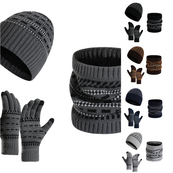HNMKIU Men's Women's Winter Knitted Scarf And 3 Piece Set Warm Woolen Thick Outdoor Thermal Hat Neck Protector For Cold Weather Dark Gray - One Size