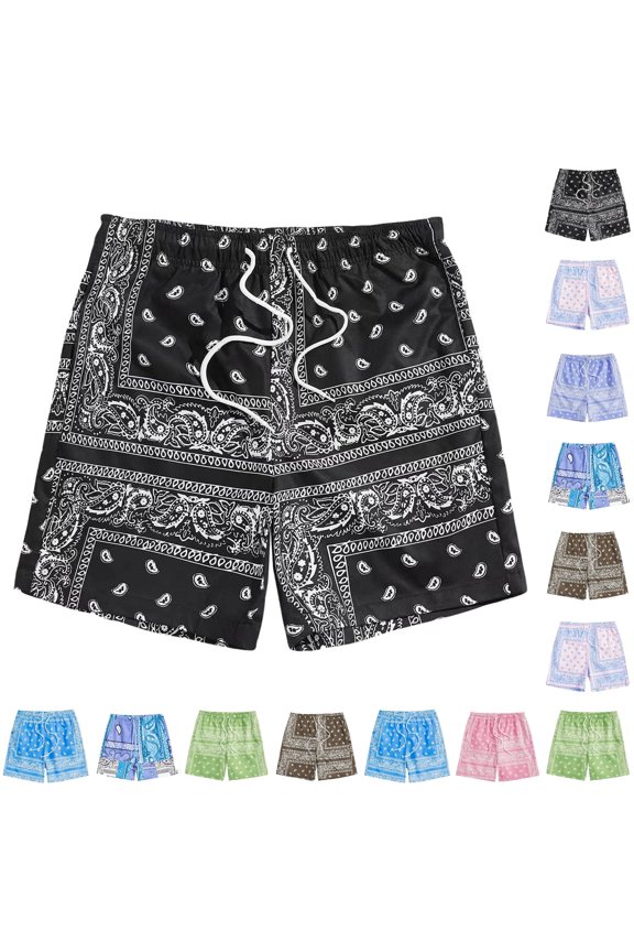 Mens Beach Shorts Paisley Print Drawstring Waist Summer Casual Bottoms Loose Fit Bohemian Style Black-C,S