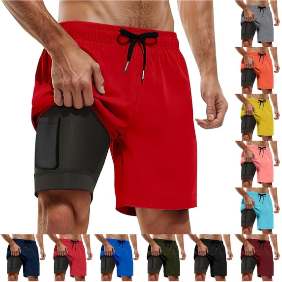 HNMKIU Mens Swim Trunks with Compression Liner Bathing Suit with Pockets 5 Inch Inseam Beach Board Shorts 1-Red,XXXXXL