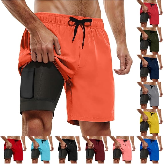 HNMKIU Mens Swim Trunks with Compression Liner Bathing Suit with Pockets 5 Inch Inseam Beach Board Shorts 2-Orange,XL