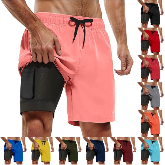 HNMKIU Mens Swim Trunks with Compression Liner Bathing Suit with Pockets 5 Inch Inseam Beach Board Shorts 2-Pink,M