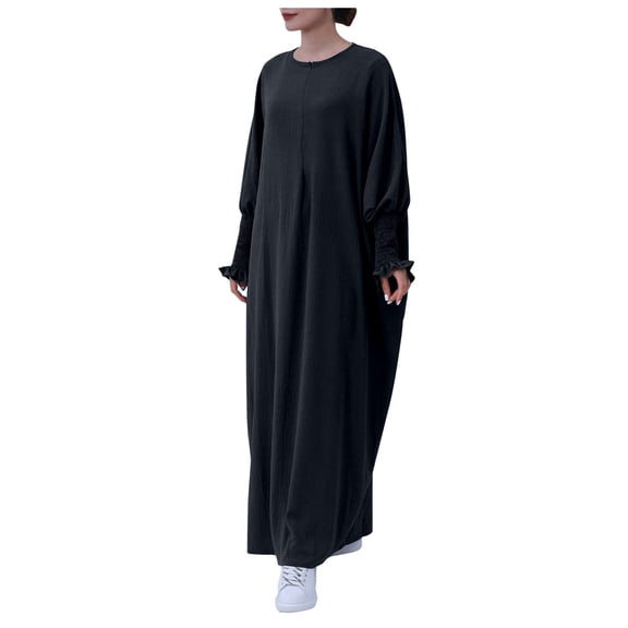 HNMKIU Middle Dubai Turkey Solid Color Batwing Long Sleeve Dress for Women Elegant and Flowy Design 2-Black,One Size