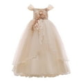 thumbnail image 1 of HNMKIU One Shoulder Performance Dress For Girls Long Pommel Tutu Gown Party And Special Occasion Elegant Style Beige,6-7 Years, 1 of 4