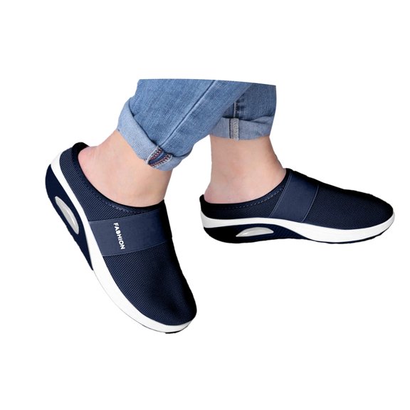 HNMKIU Womens Slippers Summer Fashion Solid Color Fine Mesh Wrapped Toe Comfortable Beach Sandals Z02_Dark Blue,6