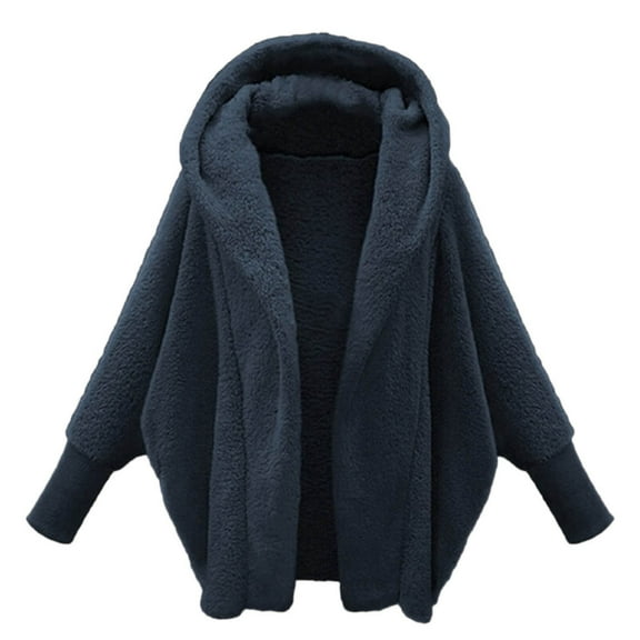 HNMKIU Oversize Soft and Warm Winter Coats for Women Long Sleeve Solid Fuzzy Open Front Hooded Cardigan Jacket with Pocket Cozy Loose Outerwear 01_Navy,L