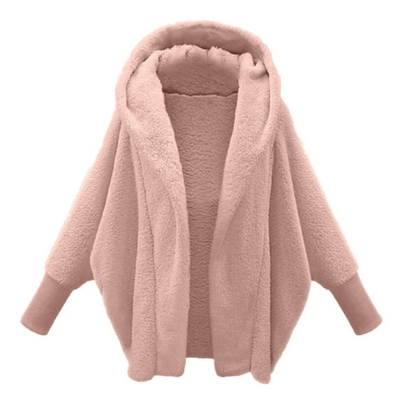 HNMKIU Oversize Soft and Warm Winter Coats for Women Long Sleeve Solid Fuzzy Open Front Hooded Cardigan Jacket with Pocket Cozy Loose Outerwear 01_Pink,XXL