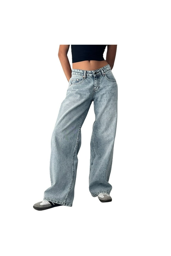 Pants for Women Low Rise Baggy Boyfriend Jeans Loose Straight Wide Leg Stretch Long Denim Trousers for Women Blue,L
