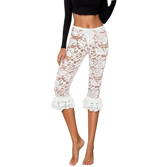 HNMKIU Pants for Women Solid Color Lace Detail Cropped Stylish and Comfortable for Casual Everyday Wear Fashion Womens Trousers White,XL