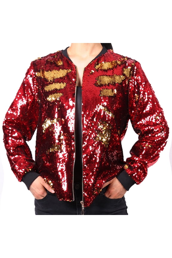 Plus Size Coat Plus Size Sequin Baseball Jacket for Women Glittery Sparkly Stylish Fashion Outerwear Coat Red,S