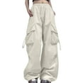 thumbnail image 1 of HNMKIU Plus Size Design Loose Large Pocket Cargo Pants Women with Elastic Drawstring Waist Baggy Casual Pants 02_Beige,L, 1 of 4