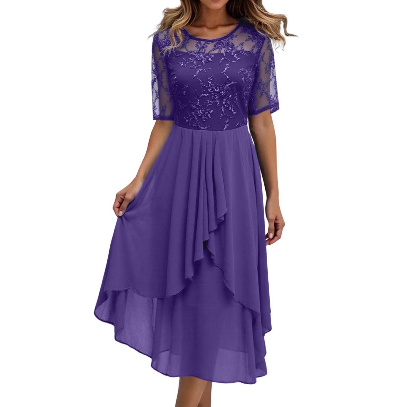 HNMKIU Plus Size Floral Print Chiffon Dress Short Sleeve Loose Fit for Evening and Daily Dresses for Women Purple,XXXL