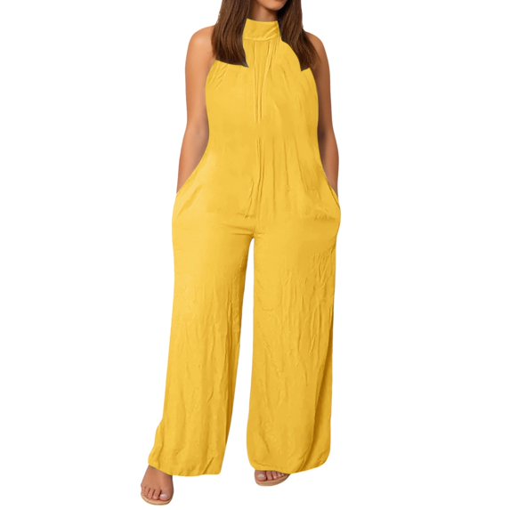 HNMKIU Plus Size Jumpsuit Sleeveless Loose Solid Color Stretchy Comfortable with Pockets Wide Leg Pants for Women Yellow,XXXL