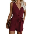 thumbnail image 1 of HNMKIU Plus Size Sleeveless Rompers for Women Casual V Neck Bow Pocket Shorts Wide Leg Jumpsuits Summer Fashion Jean Jumpsuit Red,XXL, 1 of 5