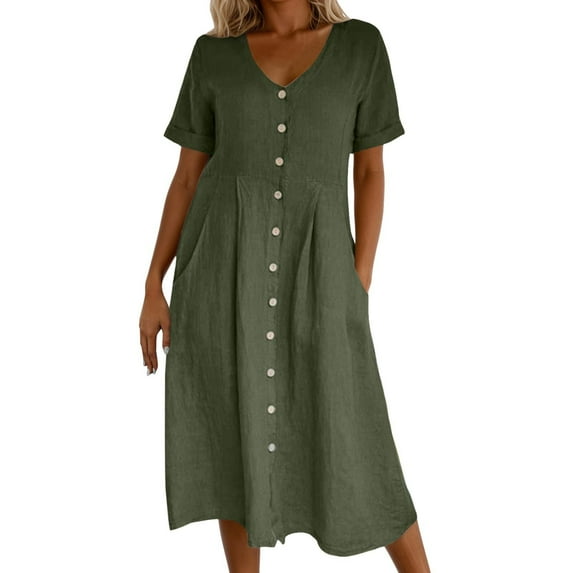 HNMKIU Plus Size Solid Color Button Up Shirt Dress High Waist with Pockets Casual Summer Dress for Women Army Green,XXXL