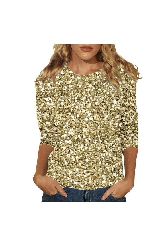 Plus Size Tops Sparkling Sequin Printed Festival Blouse Elegant 3/4 Sleeve Party Top For Women's Wear Gold,XXXL