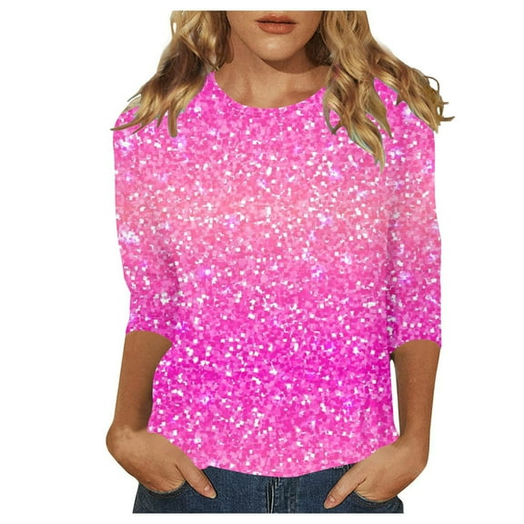 HNMKIU Plus Size Tops Sparkling Sequin Printed Festival Blouse For Women Plus Size 3/4 Sleeve Party Wear Shimmering Elegant Tops Pink,XXXL