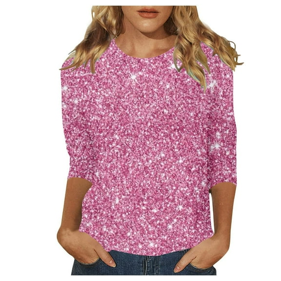 HNMKIU Plus Size Tops Sparkling Sequin Printed Festival Blouse Women's 3/4 Sleeve Party Top For Carnival Evening Wear Pink,L