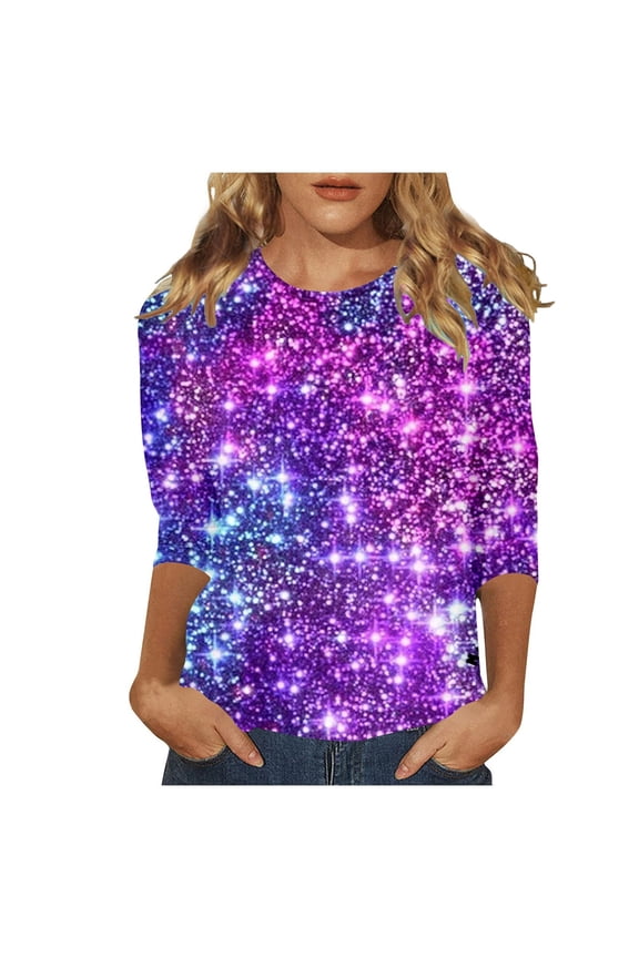 Plus Size Tops Sparkling Sequin Printed Festival Blouse Women's 3/4 Sleeve Party Top For Carnival Evening Wear Purple,S