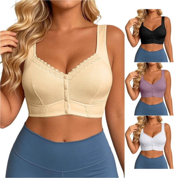HNMKIU Plus Size Wirefree Bra Fashion Lace Front Closure Backless Racerback Seamless Comfort Full Coverage Daily Wear Beige - 90E