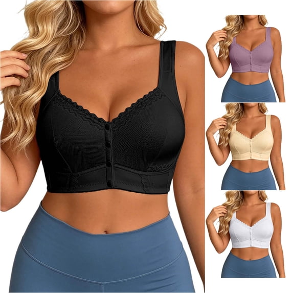 HNMKIU Plus Size Wirefree Bra Fashion Lace Front Closure Backless Racerback Seamless Comfort Full Coverage Daily Wear Black - 105E