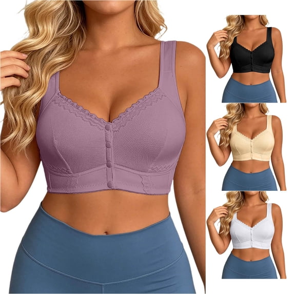 HNMKIU Plus Size Wirefree Bra Fashion Lace Front Closure Backless Racerback Seamless Comfort Full Coverage Daily Wear Purple - 95E