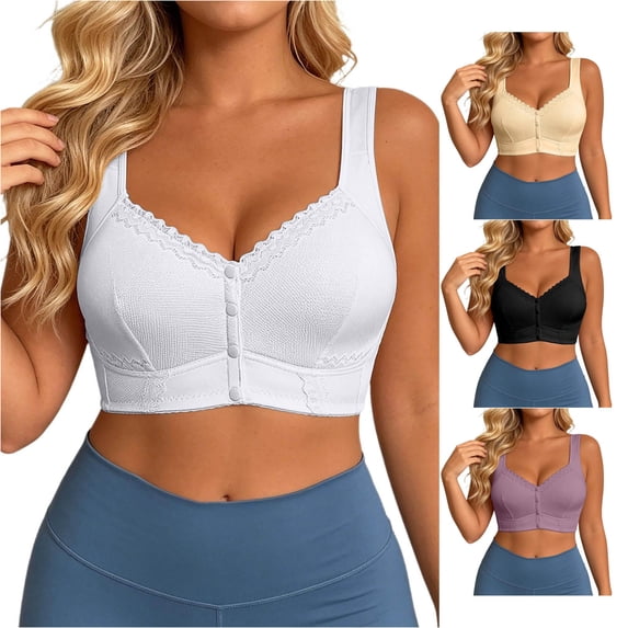 HNMKIU Plus Size Wirefree Bra Fashion Lace Front Closure Backless Racerback Seamless Comfort Full Coverage Daily Wear White - 90F