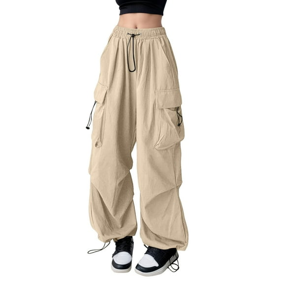 HNMKIU Plus Size Women's High Street Design Loose Straight Leg Jogger Style Cargo Pants with Large Pockets for Versatile Wear Beige,XXXL
