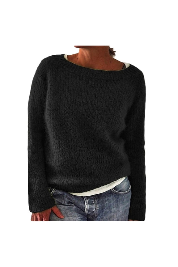 Plus Size Women's Knitted Sweaters for Women Long Sleeve Boat Neck Retro Lightweight Pullover Solid Color Top for Women a-Black,XXL