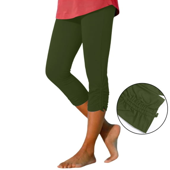 HNMKIU Plus Size Women's Solid Color Drawstring Waist Pleated Casual Fashion Cropped Pants Elastic Comfy Pants Women 01_Army Green,S