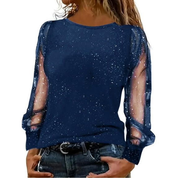 HNMKIU Plus Size Womens Festive Long Sleeve T Shirts for Women Black Elegant Sequins Glitter Top for Years Eve D-Blue,XXXL