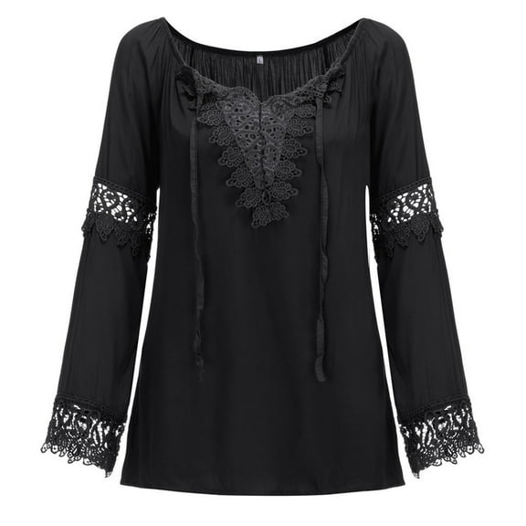 HNMKIU Plus Size Womens T Shirts Off Shoulder Linen Blouse with Frenulum Sleeves and Lace Trim Long Shirt for Women Black,XXXL