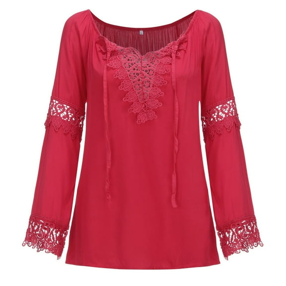 HNMKIU Plus Size Womens T Shirts Off Shoulder Linen Blouse with Frenulum Sleeves and Lace Trim Long Shirt for Women Red,XL