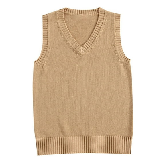 HNMKIU Preppy Style V Neck Knitted Sweater Vest for Teen Girls Casual Pullover Top for School 2-Khaki,M