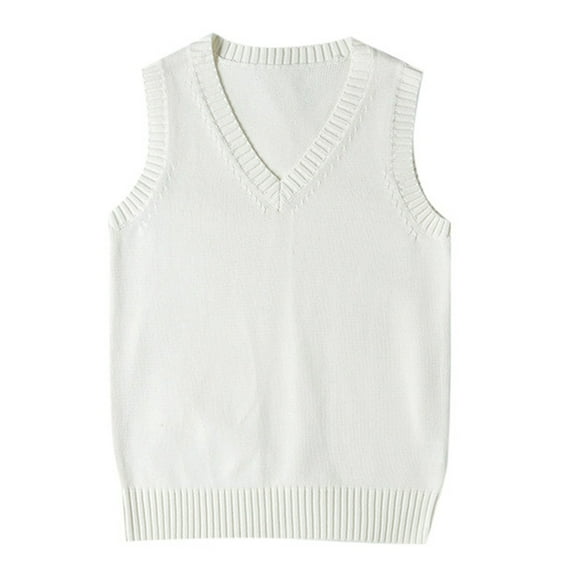 HNMKIU Preppy Style V Neck Knitted Sweater Vest for Teen Girls Casual Sleeveless Pullover Top for School Days 02_White,XS