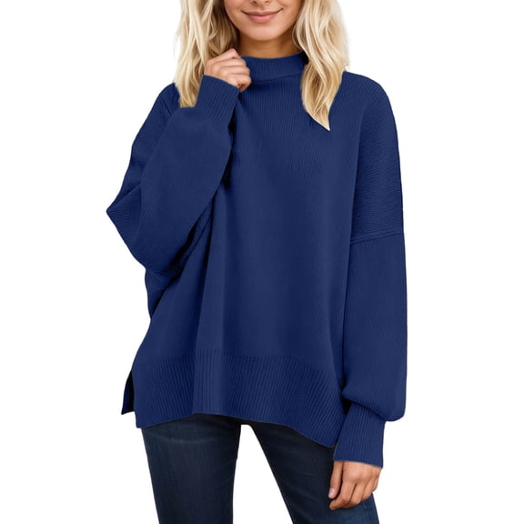 HNMKIU Pullover Sweaters For Women Loose Autumn and Winter Casual Fashion Round Neck Split Hem Knit Sweater Tunic Top Navy,S